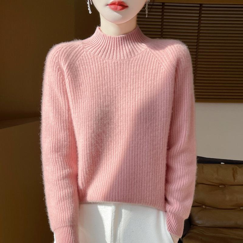 Women's Autumn/Winter 2024 Pure Wool Ribbed Knit Half-High Neck Loose Pullover Base Layer Top