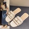 Fashion Women Wearing Flat Slippers 2025 Summer New Simple Large Size Metal Buckle Temperament Word Fairy Wind Sandals