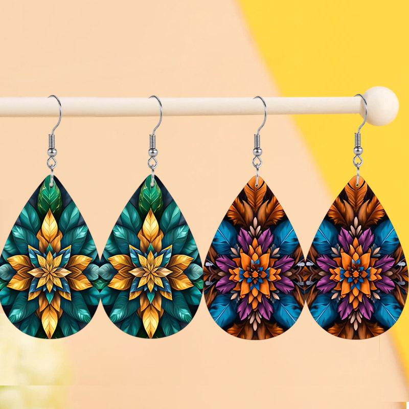 Chic Boho Mandala Floral PU Drop Dangle Earrings for Women, Meditation Theme Colorful Double Sided Hoop Earring, Holiday Party Accessories