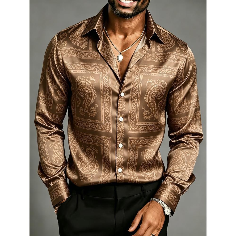 Trendy and Fashionable Men's Luxurious Satin Long Sleeved Shirt with Printed Pattern Design, Suitable for Street Business, Leisu