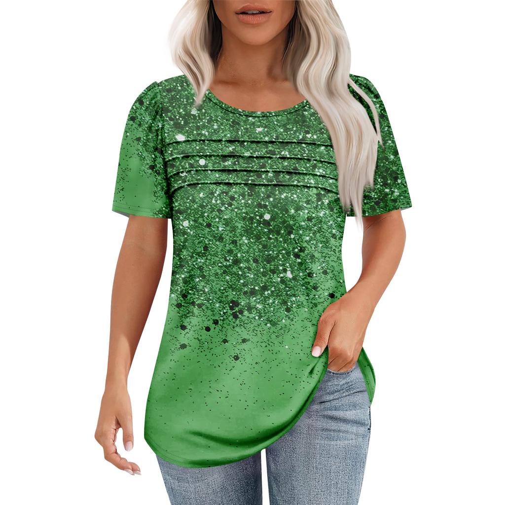 Ladies' Fashionable Printed Round Neck Pleated Short Sleeved Shirt