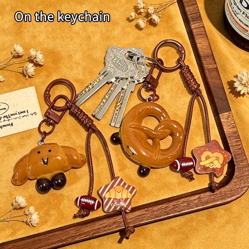 Cute Bread Shape Keychain with Webbed Lanyard Durable Key Ring Handbag Ornament Unique Gift for Pastry Enthusiasts