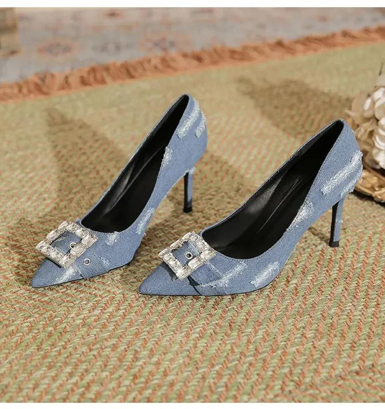 Женские сексуальные синие джинсовые туфли со стразами на высоком каблуке, летние корейские модные босоножки с острым носком, туфли-лодочки на тонком каблуке, повседневная обувь для вечернего платья