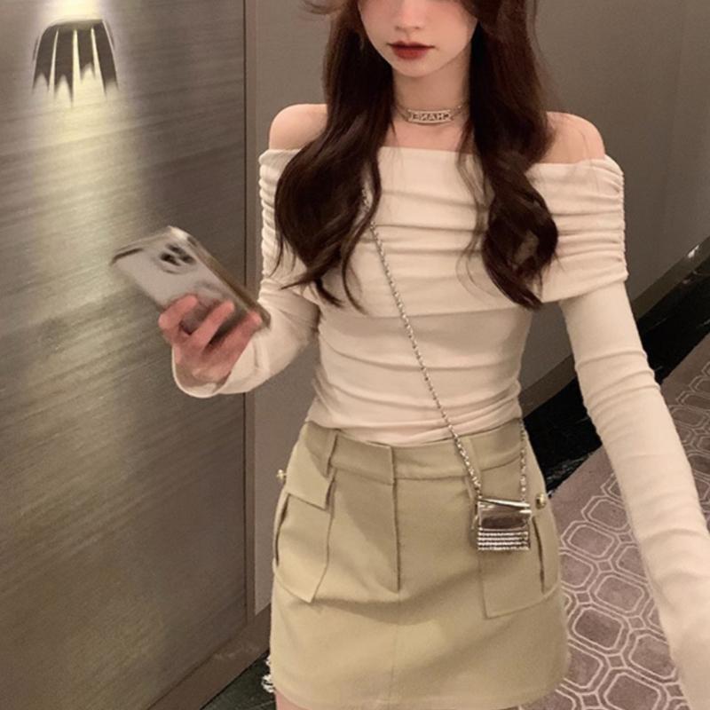 Весенняя новинка с длинным рукавом и вырезом-лодочкой, сексуальная женская модная элегантная футболка с открытыми плечами, женская уличная облегающая плиссированная женская футболка 26058