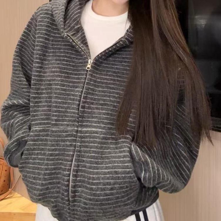 Женская куртка-кардиган на молнии с капюшоном в полоску, ранний осенний стиль - Нишевый ленивый стиль, Повседневная свободная кофта