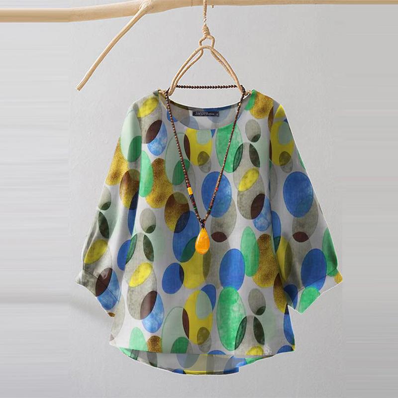 ZANZEA Women Round Neck 3/4 Sleeve Casual Print Blouse