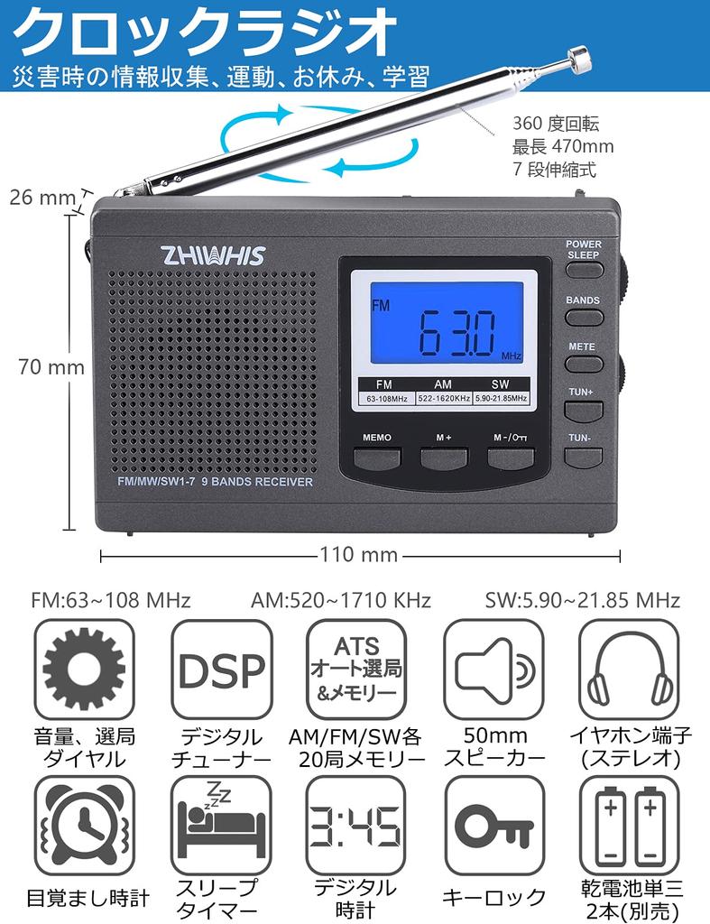 ZHIWHIS маленькие широкополосные FM высокочувствительные часы с батареей для предотвращения стихийных бедствий, горизонтальные, для японского языка, руководство по эксплуатации, гарантийный талон в комплекте
