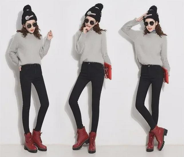 Women's High Waist Black Velvet-Lined Skinny Jeans - Korean Style, Slim Fit, Stretchy Winter Pants