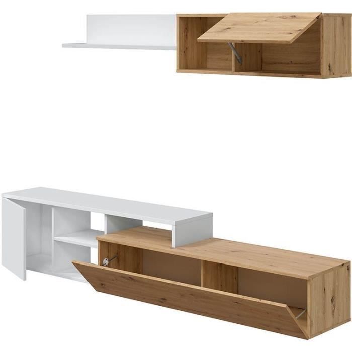 Ensemble meuble TV réversible JULIA - Mélaminé blanc et chêne - 2 Portes battantes - L220 x P40 x H 44 cm