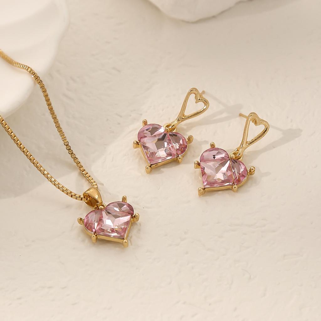 Элегантный чокер из коробочной цепочки с розовым кулоном в форме сердца, ожерелье, серьги, женский, для повседневной носки, для свиданий, циркон, идеальный подарок на День святого Валентина