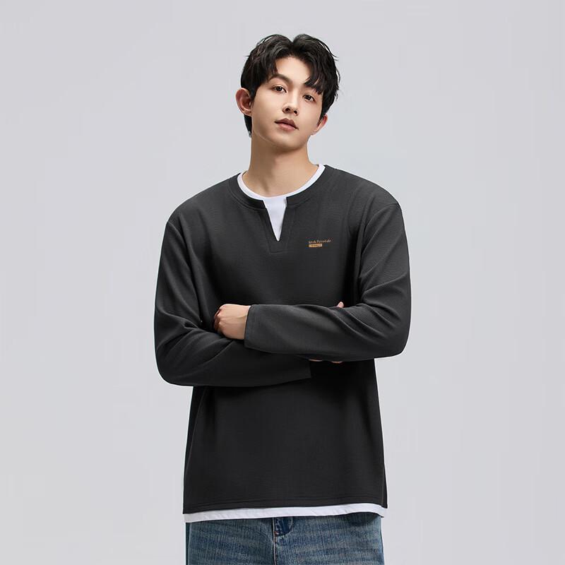 Mark Fairwhale Men's Waffle V-Neck Faux Two-Piece Long Sleeve T-Shirt