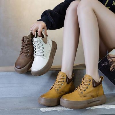 Короткие ботинки из натуральной кожи, повседневные туфли в стиле ретро с толстой подошвой и высоким верхом