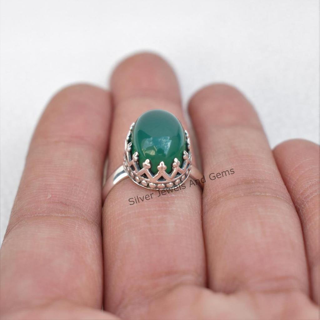 Green Onyx 925 Sterling Silver Crown Ring, December Birthstone