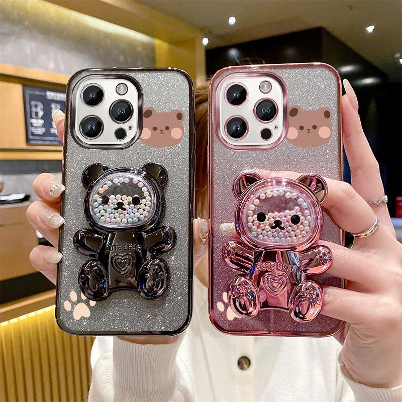 15Pro 14Pro Glitter Bling Bear Phone Holder Case For iPhone 15 14 13 12 11 Xs Pro Max Mini X XR Apple 6 6s 7 8 Plus Stand Cover