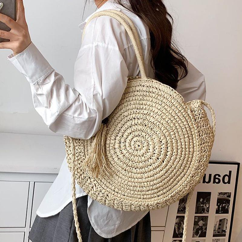 Yogodlns Летняя пляжная сумка, круглые соломенные сумки для женщин, сумка на плечо из ротанга, дорожная тканая сумка ручной работы, большая вместительная женская сумка-шоппер