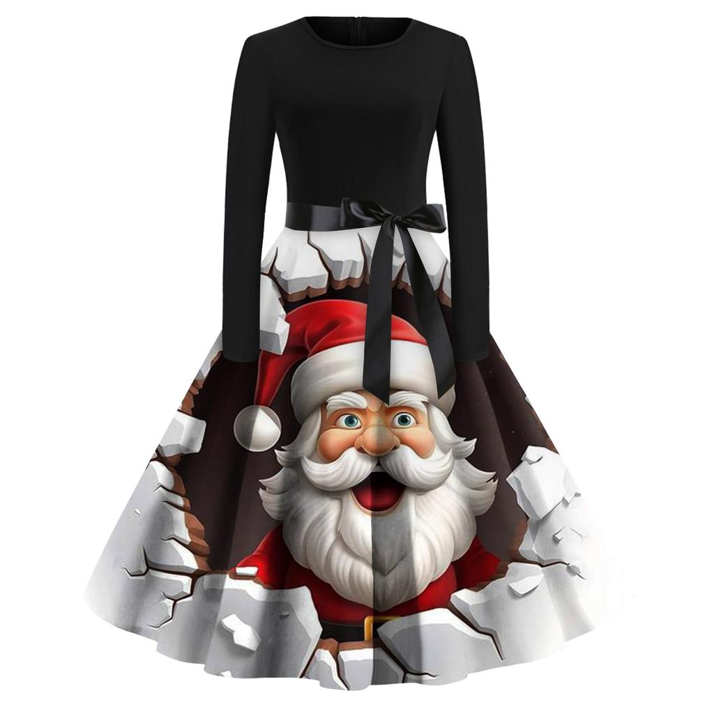 Рождественский принт расклешенное платье для женщин платье с длинным рукавом полые вечерние повседневные платья