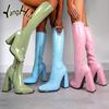 Fashion 2024 Women Boots Square Heel Knee-High Chelsea Boots Winter New Chunky PU Leather Goth Snow Boots High Heels Shoes Pumps Mujer