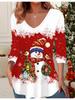 3D Christmas  Snowman Printed Fashion Casual Women's V-Neck Long Sleeve T-Shirt - New Year Party Clothing Holiday Gift