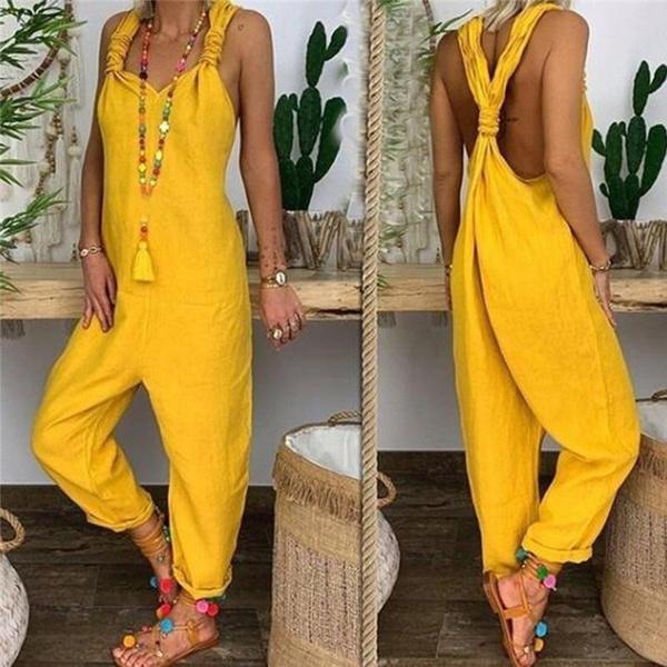 Women Casual Loose One-piece Suspender Pants Summer Solid Color Sleeveless Baggy Rompers Classic Long Overalls Jumpsuits