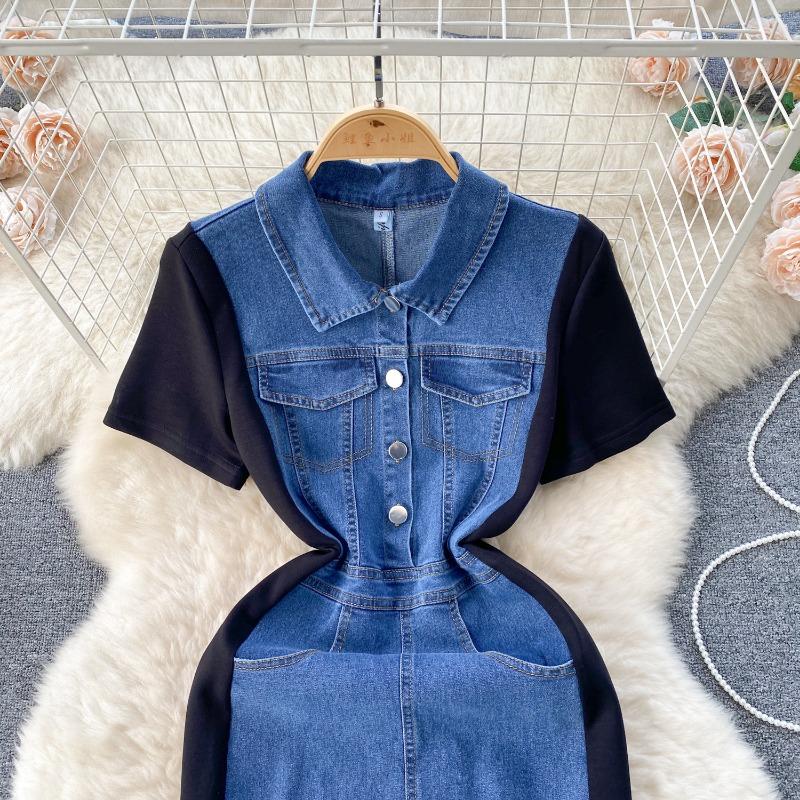 Темпераментные женские тонкие винтажные джинсовые платья средней длины с сочетанием цветов