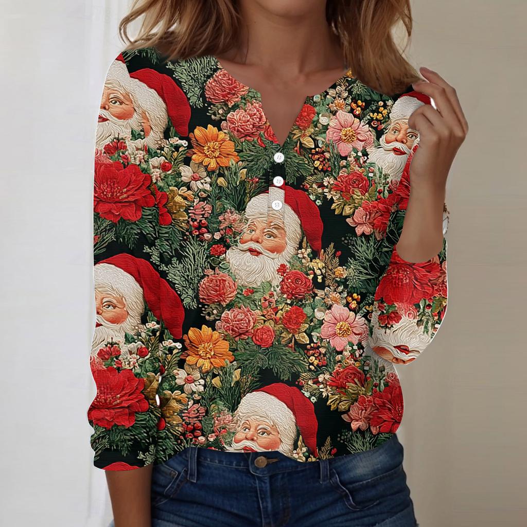 Women's Fashion Casual V-Neck Long Sleeve Decorative Button Christmas Print Top
