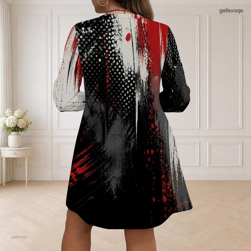 Women Plus Size V Neck Long Sleeve Gradient Printed Loose Fit Curved Hem Dress