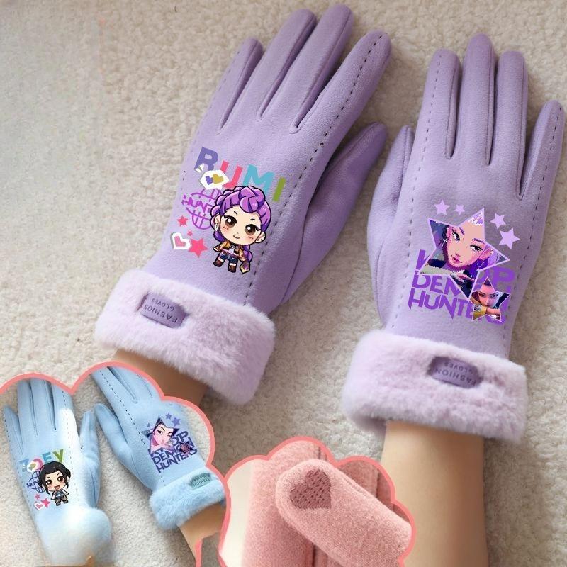 Kpop Охота на ведьм Теплые перчатки для осени и зимы, Детские утолщенные перчатки для улицы с сенсорным экраном