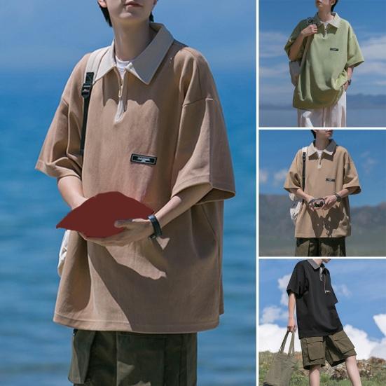 Spring Men Cargo Shirt Turn-down Collar Half Zipper Loose Japanese Style Mid Length Solid Color Half Sleeves Pullover Streetwear Outdoor Top