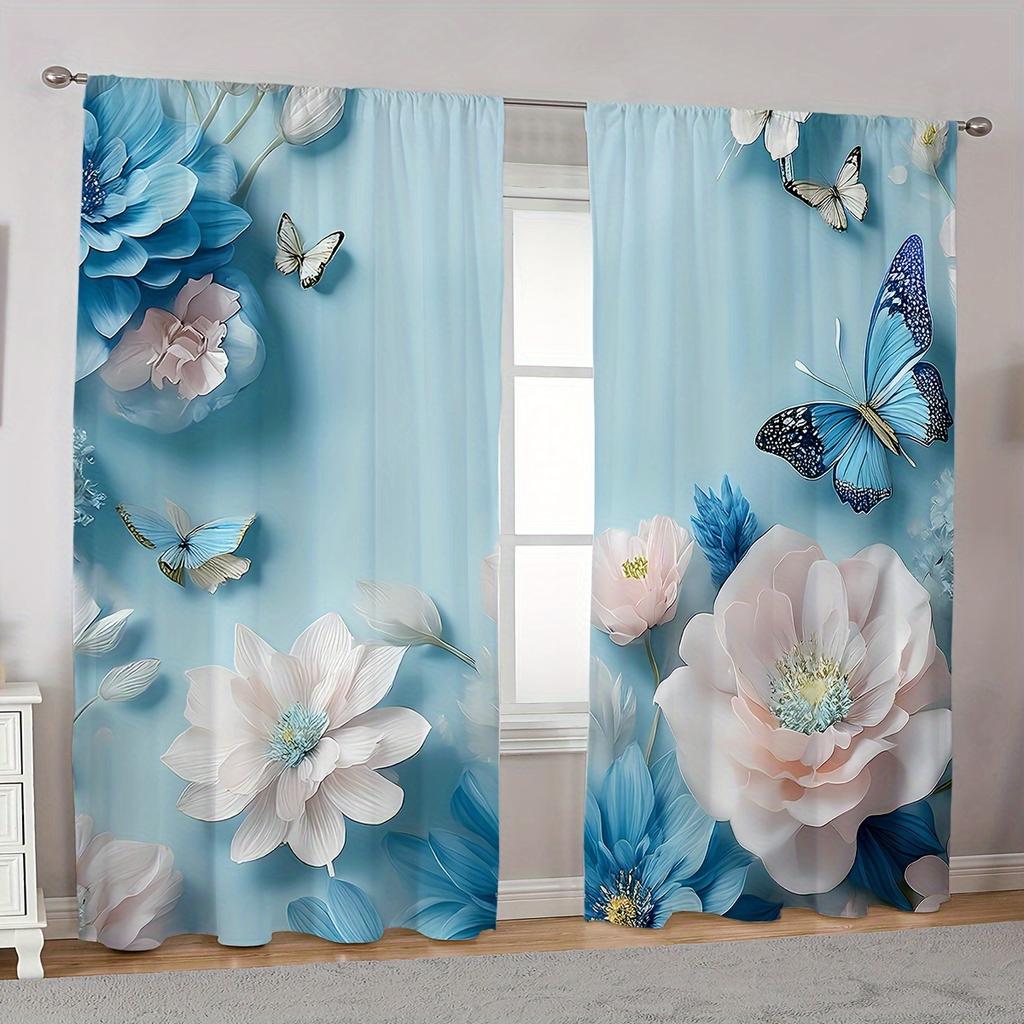 2pcs Classic Style Flower & Butterfly Print Curtains Artistic Window Drapes for Living Room Kitchen Bedroom Study Dining Room