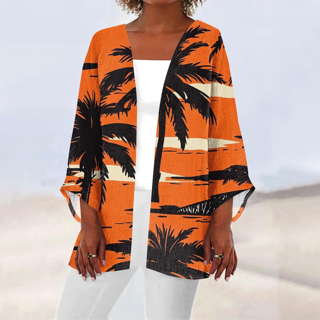 Women's Casual Fashion Beach Ocean Tree Print Lightweight Mid-Length Jacket Cardigan