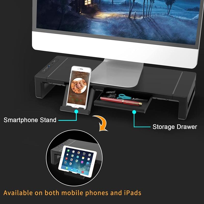 Черная подставка для монитора, держатель для ноутбука с ящиком для хранения, держатель для телефона, USB-порт для зарядки компьютеров, телевизоров, ноутбуков