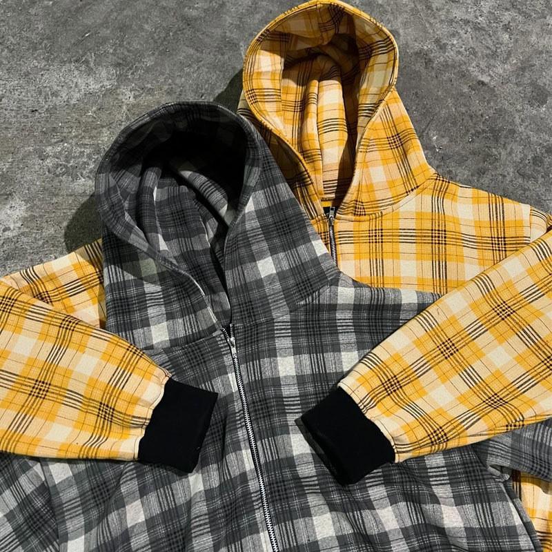 Unisex Streetwear Hooded Sweatshirt With Plaid Patchwork Design Loose Fit Zip-Up Casual Pullover Teens Adults