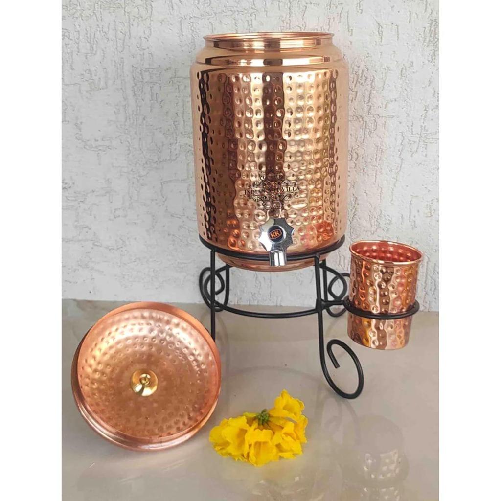 Pure Copper Hammered Design Water Pot Heavy Gauge with Brass Tap & Copper Glass & Stand, Storage & Serving Water, Volume- 5 Liters