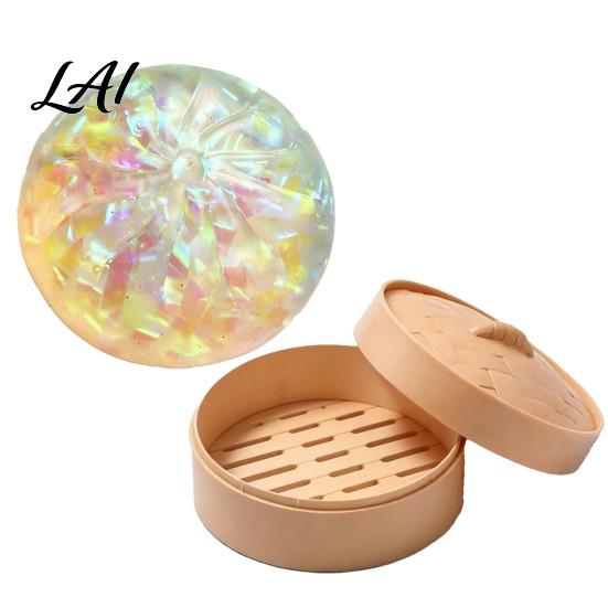 Kids Stress Relief Toy Glitter Dumpling Squeeze with Steamer Box Dough TPR Ball Fidget Toy Soft Simulated Steamed Bun Sensory