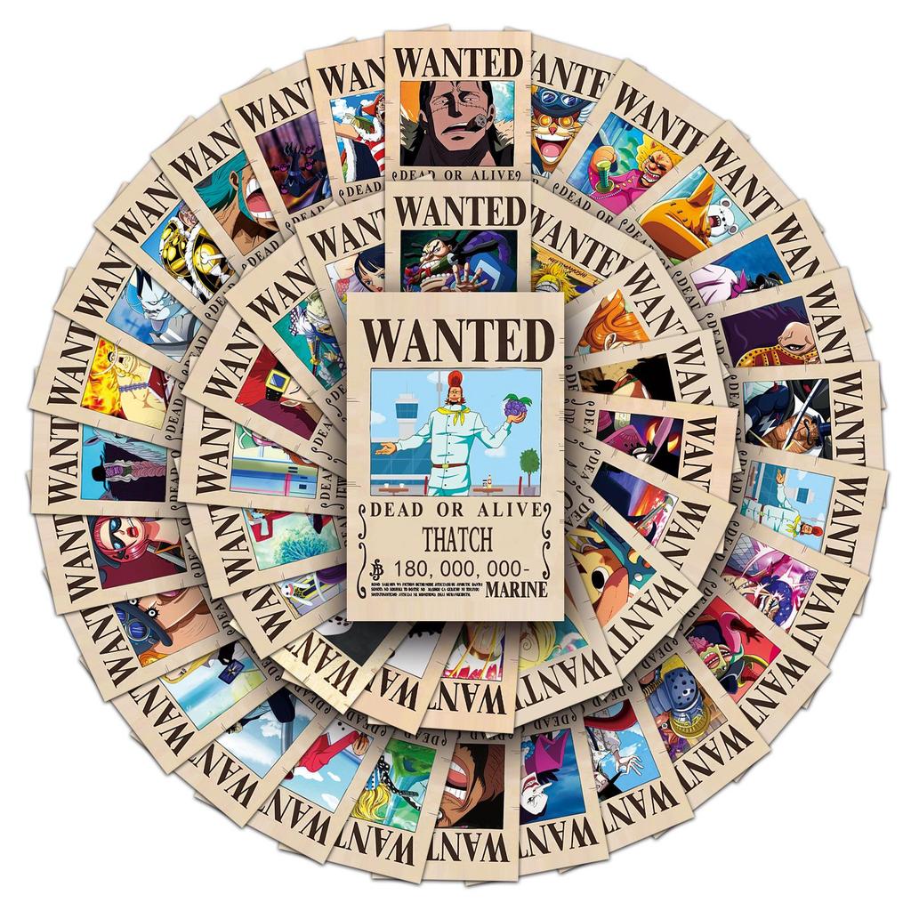 50 Стикеры-Постеры Wanted из One Piece - Водонепроницаемые Декоративные Стикеры для Контейнеров и Бутылок для Воды