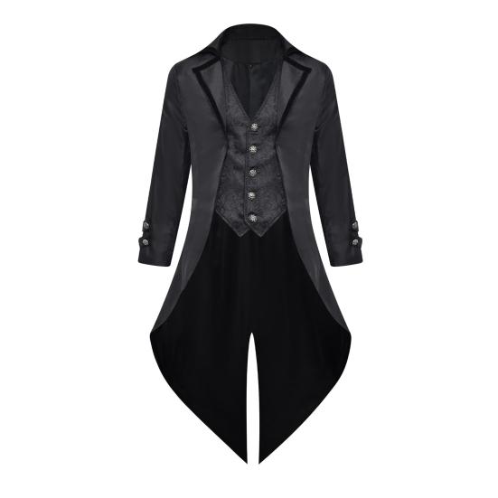Men Tuxedo Gothic Style Slim Fit Tuxedo Jacket Lapel Long-Sleeved Suit Coat Retro Design Punk Mid-length Overcoat