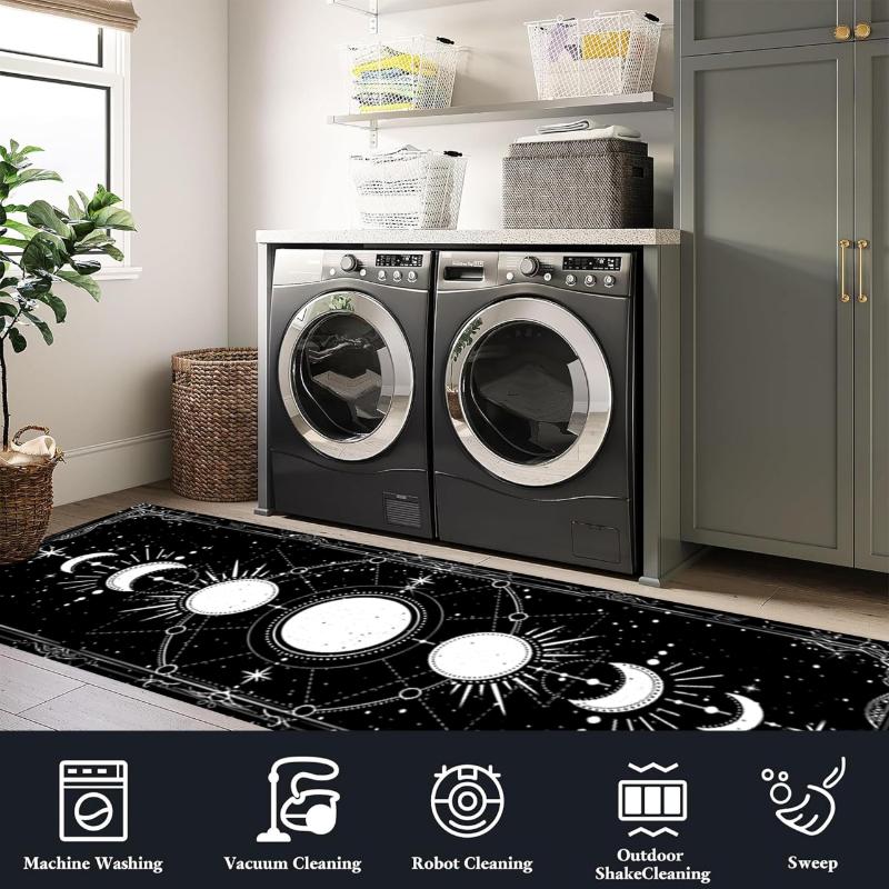 Gothic Moon Phase Starry Sky Long Runner Rug Black White Non Slip Hallway Entryway Corridor Floor Mat Home Decor