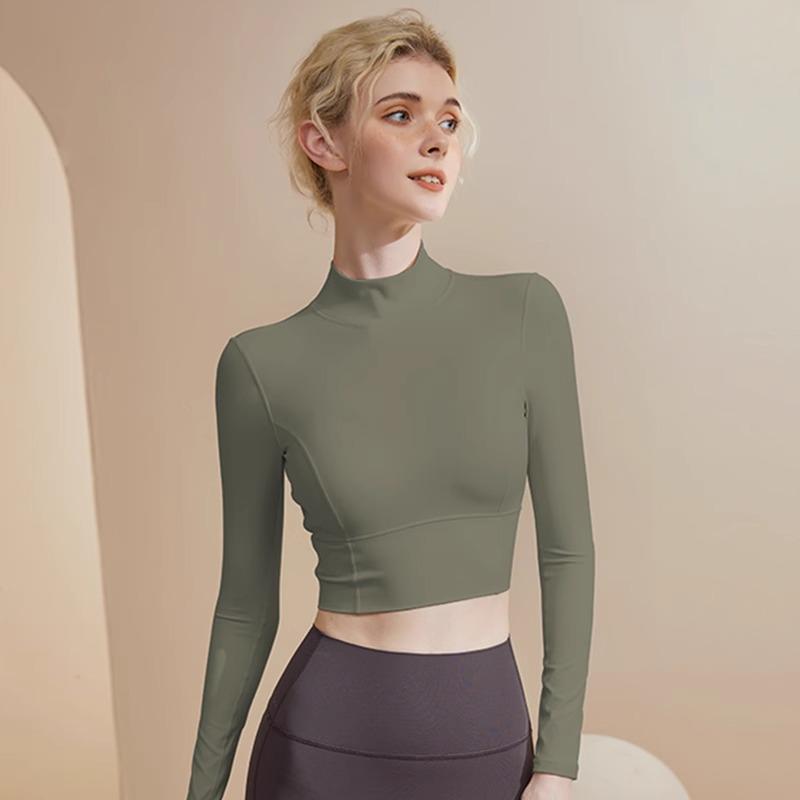 Приталенный костюм для йоги с высоким воротом и нагрудными вкладышами - женский фитнес-топ с длинным рукавом для бега и пилатеса (осень)
