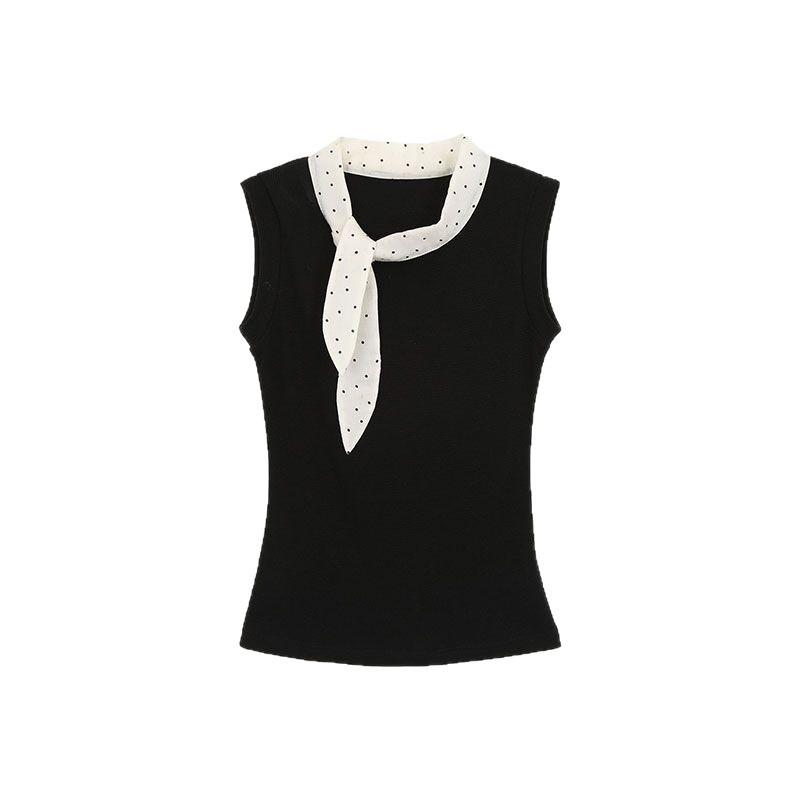 Summer new slim and slim sleeveless top Spice girl design bow polka dot niche chic outer T-shirt