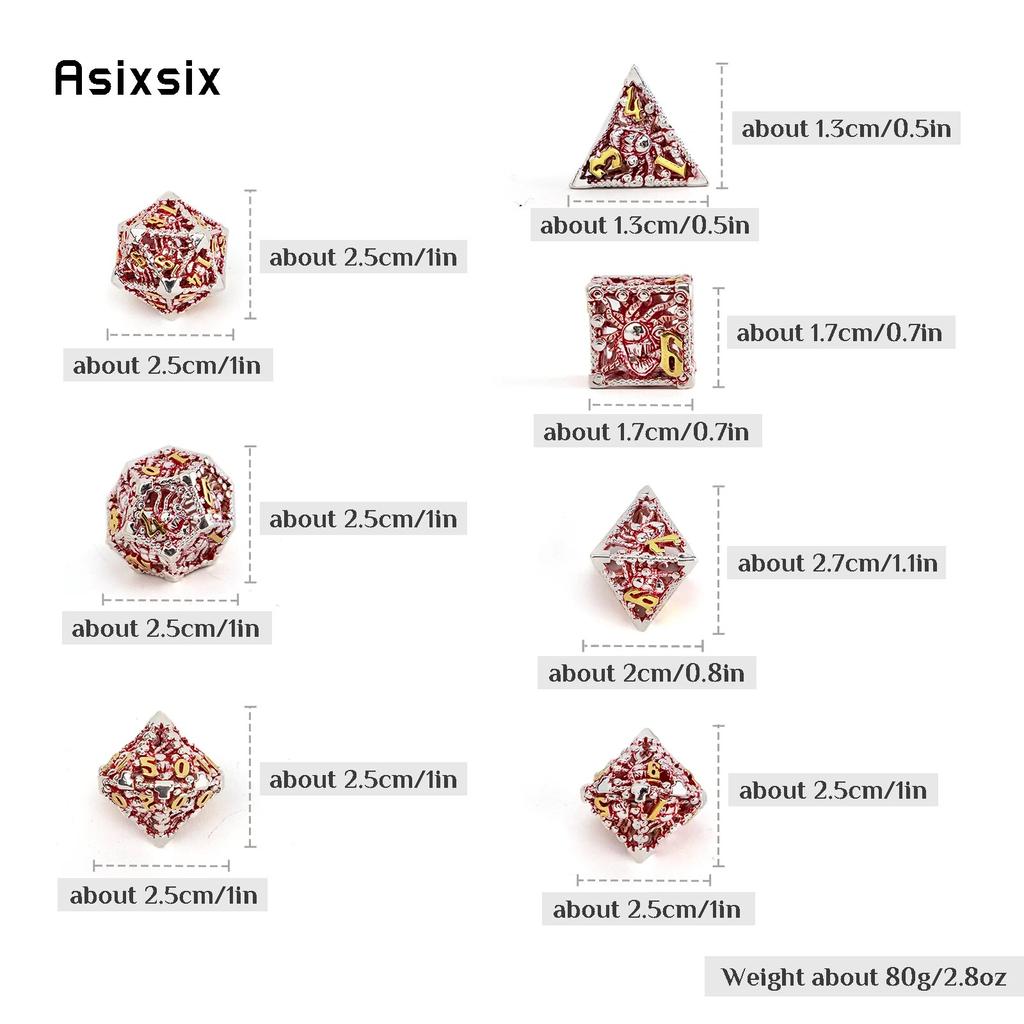 7 Pcs Silver Red Octopus Metal Dice Hollow Metal Polyhedral Dice Set Suitable for Role-Playing RPG  Board Game Card Game