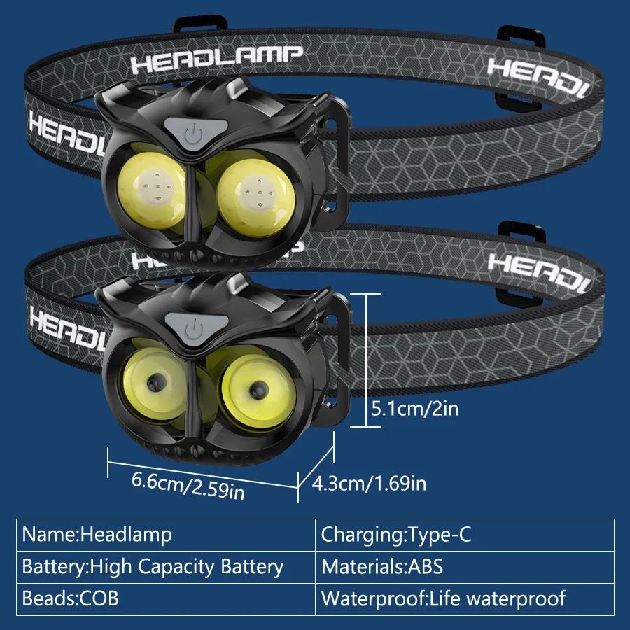 Налобный фонарь COB Owl, водонепроницаемый, перезаряжаемый через USB, с крючком и магнитом для взрослых, детей, бега, рыбалки, верховой езды, кемпинга