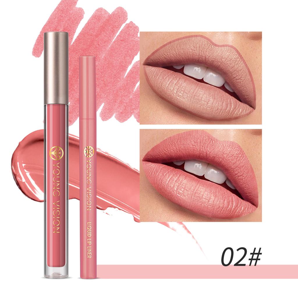 YOUNG VISION Lip Glaze + Lip Liner 2 Sets of Lip Liner Are Not Easy To Stick Cup Lip Glaze