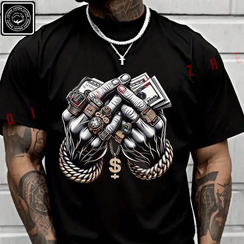 Men T Shirt Fun Money And Hand Design Motorcycle T-Shirt Cotton Men‘s Summer Short Sleeve Tops