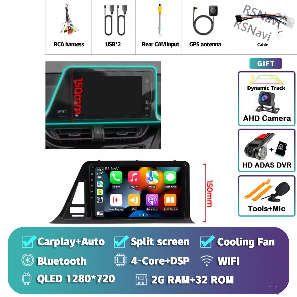 Android 14 Carplay Auto Для Toyota C-HR 2016 - 2020 Автомагнитола Мультимедийная стереосистема Камера 360 Навигация Видео ИИ Голосовое управление GPS