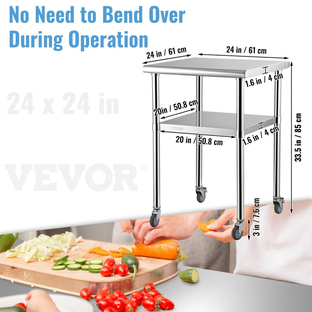 VEVOR Stainless Steel Prep Table, 61 x 61 x 91 cm, 272 kg Load Capacity Heavy Duty Metal Worktable with Adjustable Undershelf & Universal Wheels