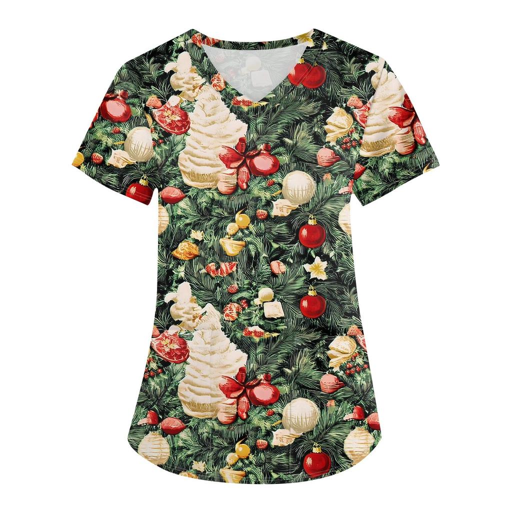 Женская мода с v-образным вырезом, короткими рукавами и карманами, топы с рождественским принтом