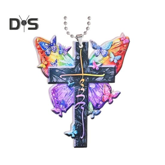 Butterfly Jesus Cross Hanging Ornament Moon American Flag Pendant Car Interior Decor for Auto Rear View Mirror Accessories Christmas Tree Charm