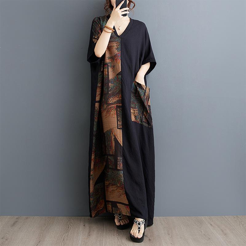 Летнее свободное женское платье из хлопка и льна с принтом и V-образным вырезом