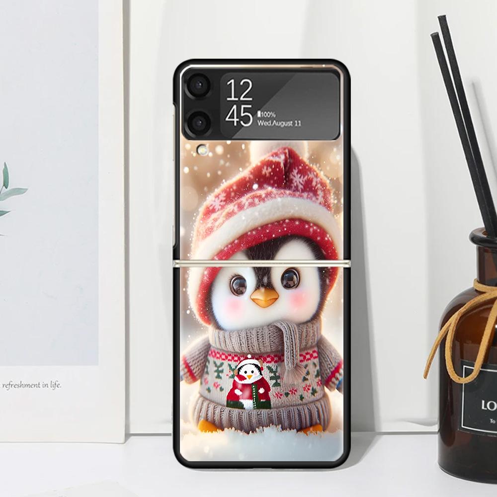 Christmas Penguin Phone Case Cover for Samsung Galaxy Z Flip 7 6 5 4 3 5G Flip3 Flip4 Flip5 ZFlip6 ZFlip7 Black Fundas Galaxy Z