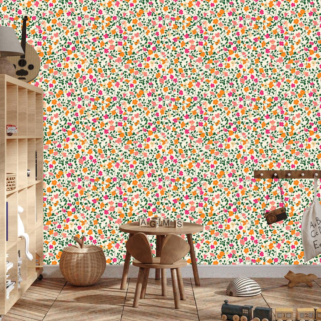 Wallpaper Small Flowers Cream and Green for Living Room and Bedroom 50x1000
